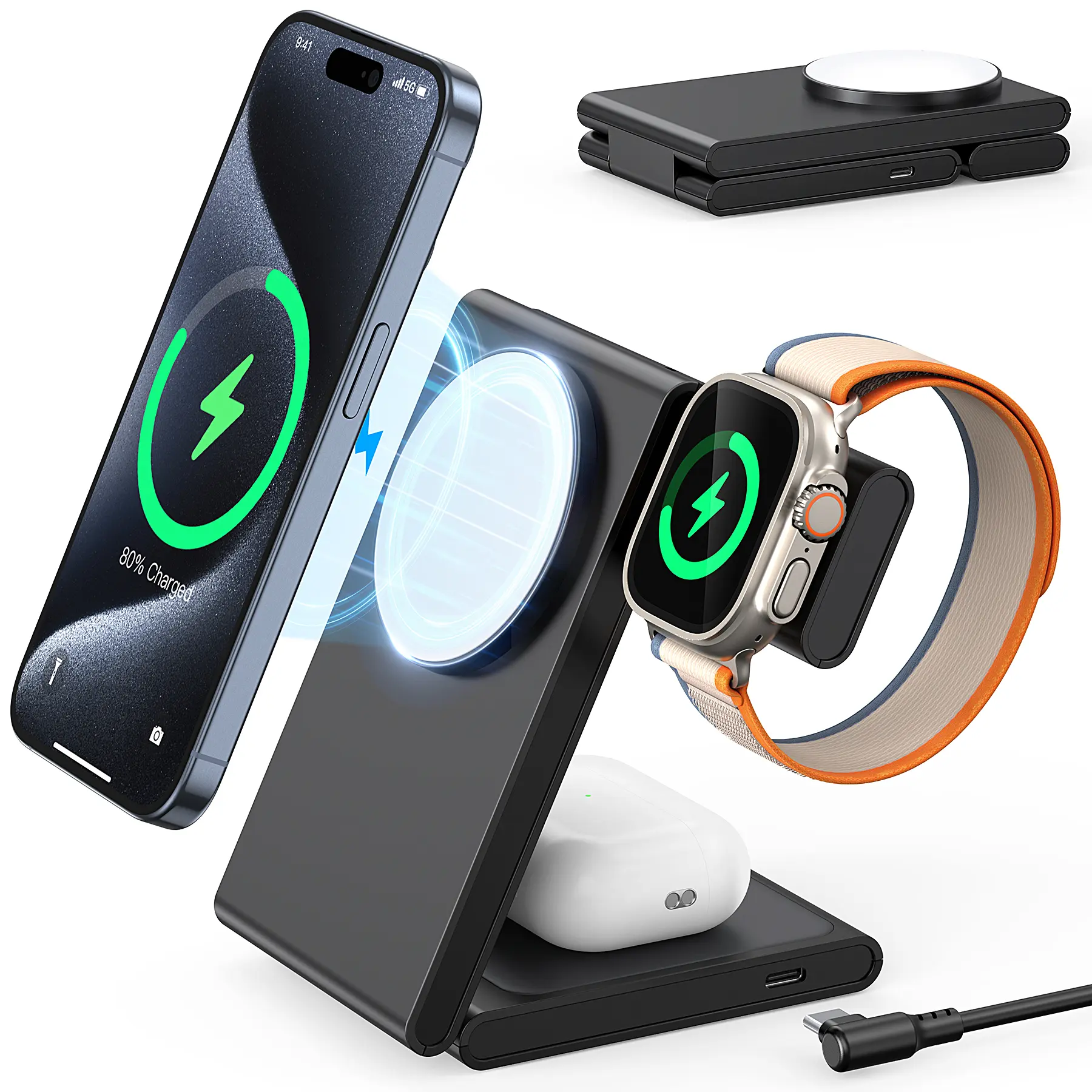 iPhone & AirPod Magnetic Charger , Portable 3 in 1 Charger Pad Fast charging Capability, Compatible with iPhone and AirPods Watch Simultaneous Charging (Black) Cellphone Electronic portable chargers