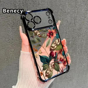 Electroplated Four Corner Anti-Fall Floral Moth Reverie Pattern Phone Case for iPhone 17 16 Pro Max 15 Plus 14 13 12 11 E Air Shockproof Transparent Protective Cover