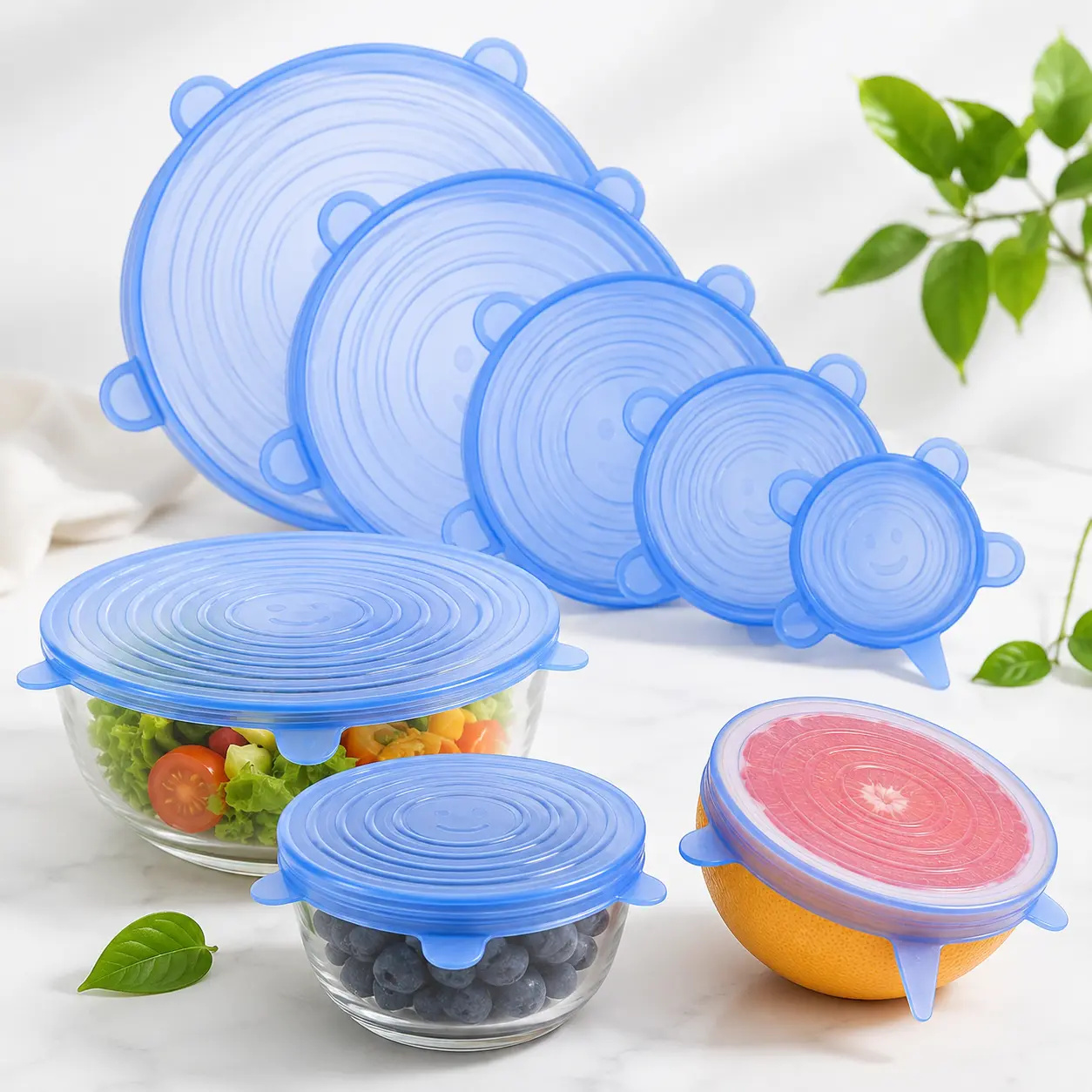6-Pack Reusable Silicone Stretch Lids, Airtight Food Covers for Bowls, Cups, Jars & Containers, Self-Sealing Kitchen Storage for Leftovers