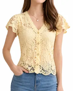 Women's Butter Yellow Lace V-Neck Top – Flutter Sleeve Scalloped Hem Blouse