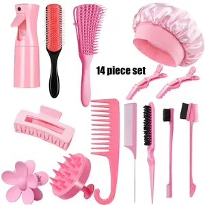 14-Piece Hair Tool Set with Spray Bottle and Sleep Cap, Curl Brush Kit, Wide Tooth Comb, Detangling Comb, Suitable for All Hair Types