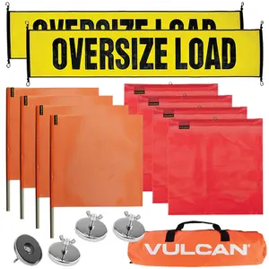 VULCAN Flags, Oversize Load Banners, and Magnets Kit-2 Stretch Cord Oversize Load Banners, 4 Magnets, 4 Red Flags, 4 Orange Flags, Vented Storage Bag Round Steel
