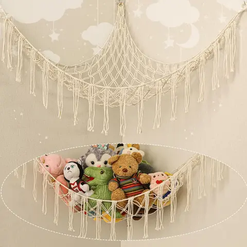 Large Premium Cotton Macramé Weave Stuffed Animal Hammock - Hangable Wall Hanging Ornament, Gentle Touch Home Organizer, Wall Decoration for Bedroom, Space-Saving Plushie Storage