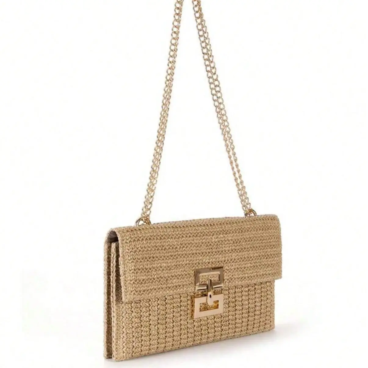 Women Twist Lock Flap Straw Beach Bag, Shoulder Bag Chain Woven Purse Clutch Beach Necessities Essentials Crossbodybag Purse Bags for Women