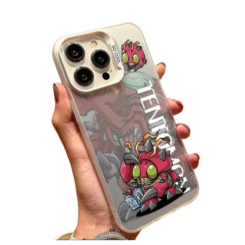 Popular cartoon Digimon silver phone case, compatible with iPhone 17, 16, 15, 14, 13, and 12. Shock-proof frosted phone case.
