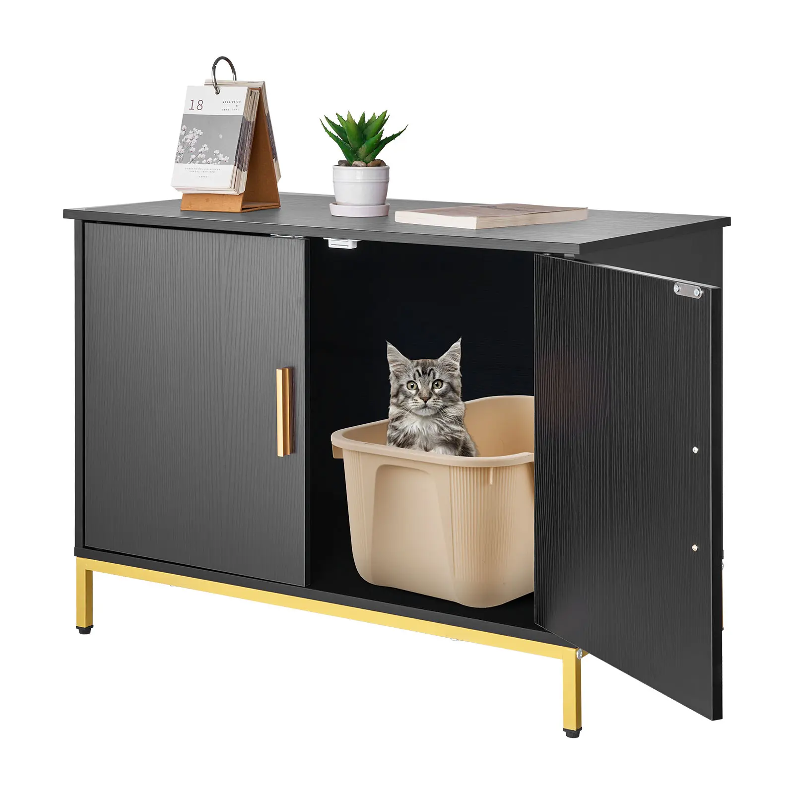 VEVOR Enclosed Litter Box Furniture, 27.6 in Hidden Cabinet with Metal Legs & Handle, Modern Cat Washroom End Table, Fits Most Litterboxes, 25.75x15.98x16.77 in, 132 lbs Top Capacity & 66.1 lbs Inner Capacity, for Bedroom & Entryway, Gold, St#BacktoSchool