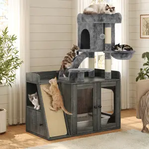 Eyisean 36.6" Flannelette Cat Tree Litter Box Enclosure, Space-Saving Hidden Kitty House with LED Light & Storage Cabinet, Indoor Multi-Level Cat Tower with Acrylic Door & Scratching Posts, All-In-One Cats Furniture for Living Room, Apartment
