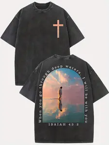 Cross & Isaiah Verse Design 230g Washed Cotton T-Shirt Retro Streetwear Double-Sided Print Pattern Men's T-Shirt Distressed Summer Wear Drop-Shoulder y2k,Vintage,Streetwear Christmas heavyweight pure cotton t-shirt