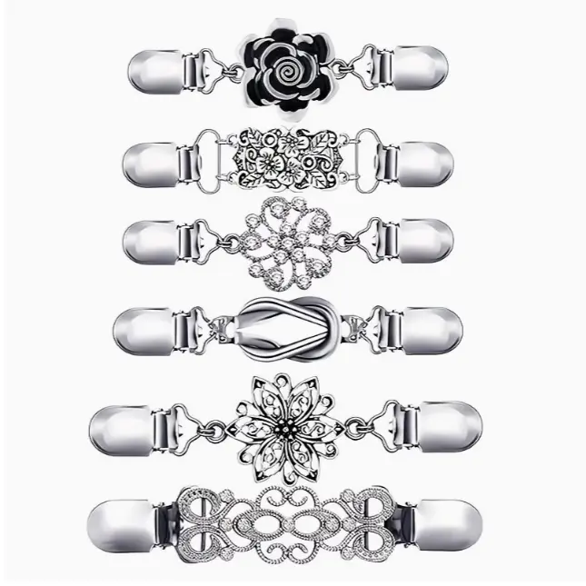 Set of 6 Vintage Cardigan Clips for Women, Floral Sweater Shawl Brooch Pins, Retro Anti-Slip Zinc Alloy Fasteners for Dresses