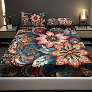 Boho Mandala Floral Bedding Set, 3pcs High-Definition Print, Includes Fitted Sheet & Pillowcases, Soft Smooth, All Seasons