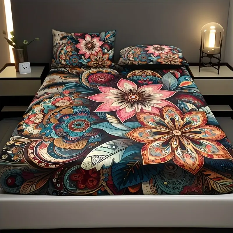 Boho Mandala Floral Printed Bedding Set, Decorative Bedsheet Sets, Floral Sheets, 3pcs High-Definition Print, Includes Fitted Sheet & Pillowcases, Soft Smooth, All Seasons