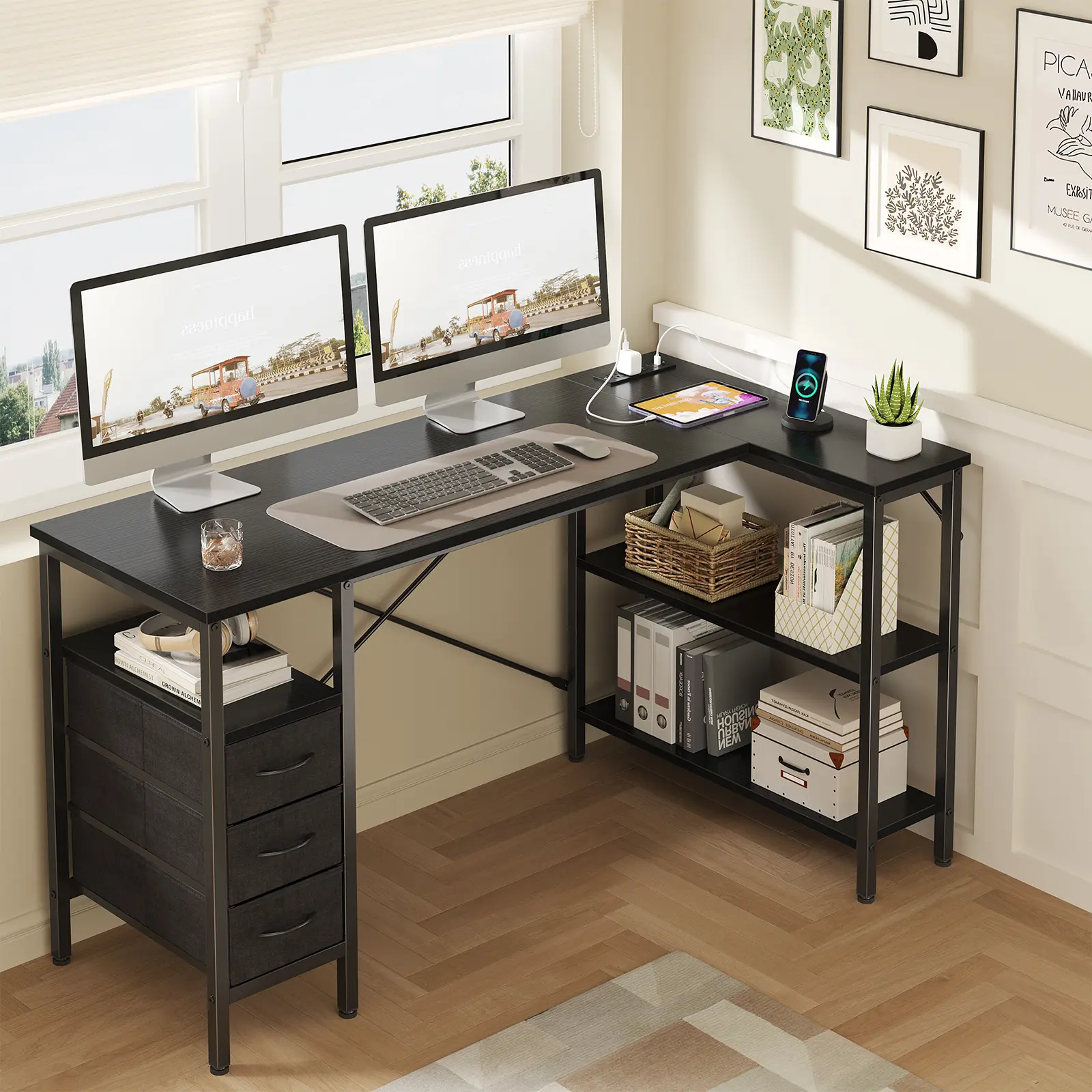 Modern L-Shaped Corner Gaming Laptop Desk - Home Office Workstation, Multi Purpose Desk, L-Shape Computer Armoires, Power Outlet, Adjustable Shelves, Drawers, Dual Monitor Stand, Bedroom Study Table