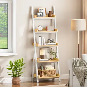 HOOBRO Ladder Shelf, Small Bookcase, 5-Tier Wall-Leaning Shelf, Freestanding Storage Rack, Display Stand, for Living Room, Home Office, Balcony, Bedroom, White and Natural#SpringSale #BigSpringSale