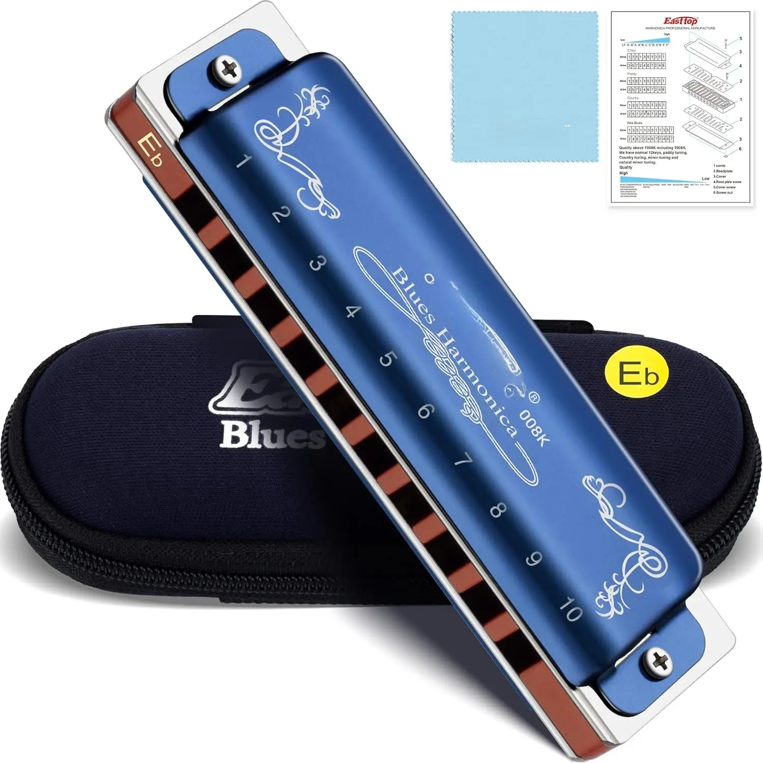 Diatonic Harmonica Key of Eb, 10 Holes 20  008K Mouth Organ with Blue Case, Standard Harmonica For Adults, Professionals and Students
