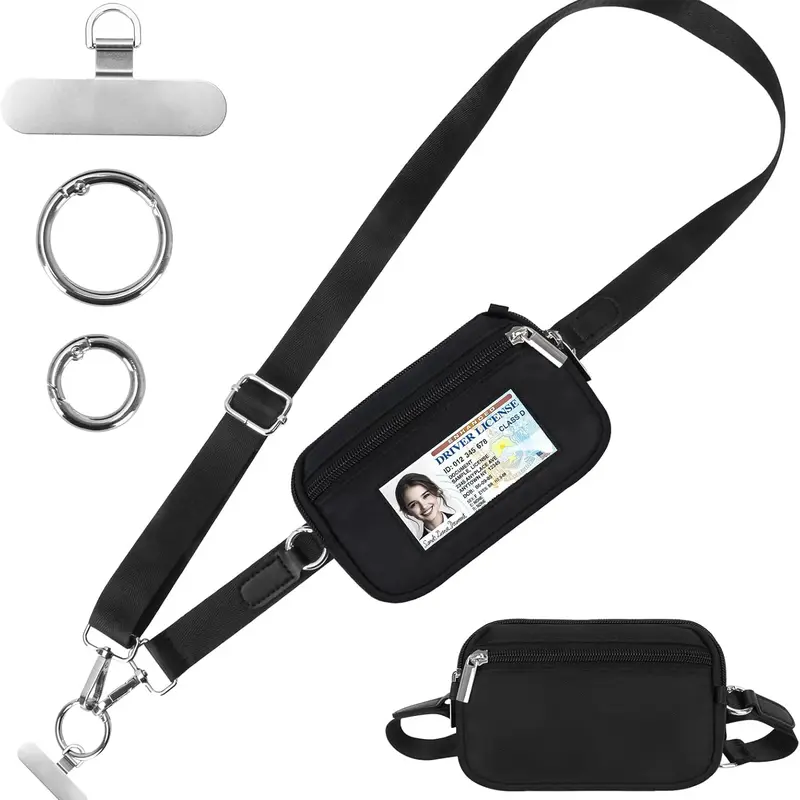 Clip and Go Strap for Phone with Wallet Crossbody, Phone Lanyard Adjustable and Detachable Wrist Strap, ID Window & Zipper Pocket Hands-Free Phone Strap for Women/Men