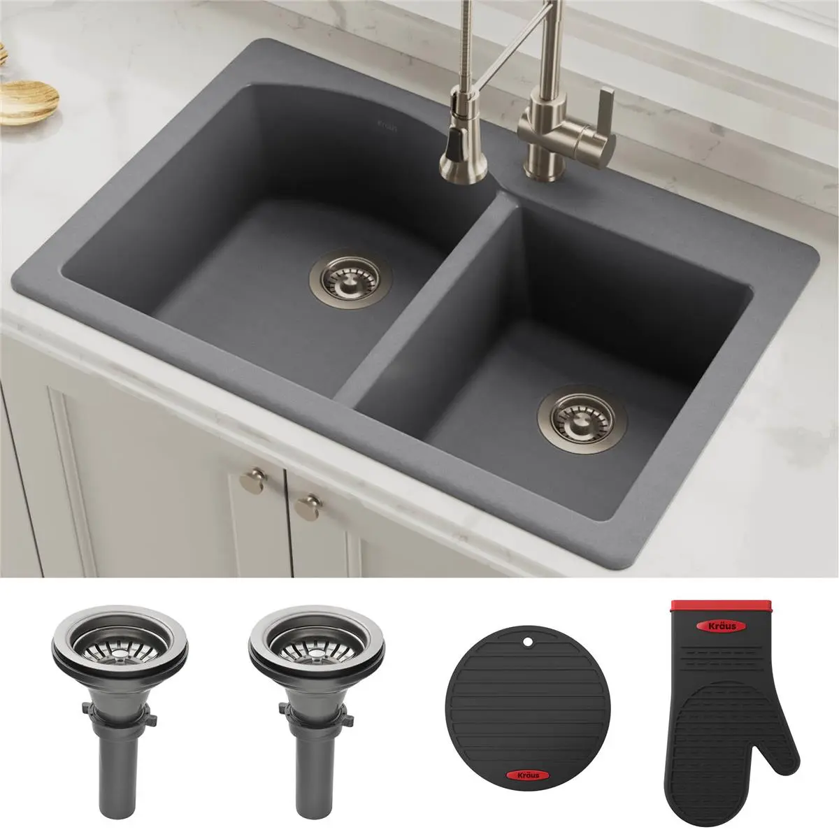212 MAIN Kraus Forteza™ KGD-50GREY 33 in. Granite Composite Kitchen Sink, Dual Mount Drop-In, Heat-Safe, Stain-Proof, 60/40 Double Bowl