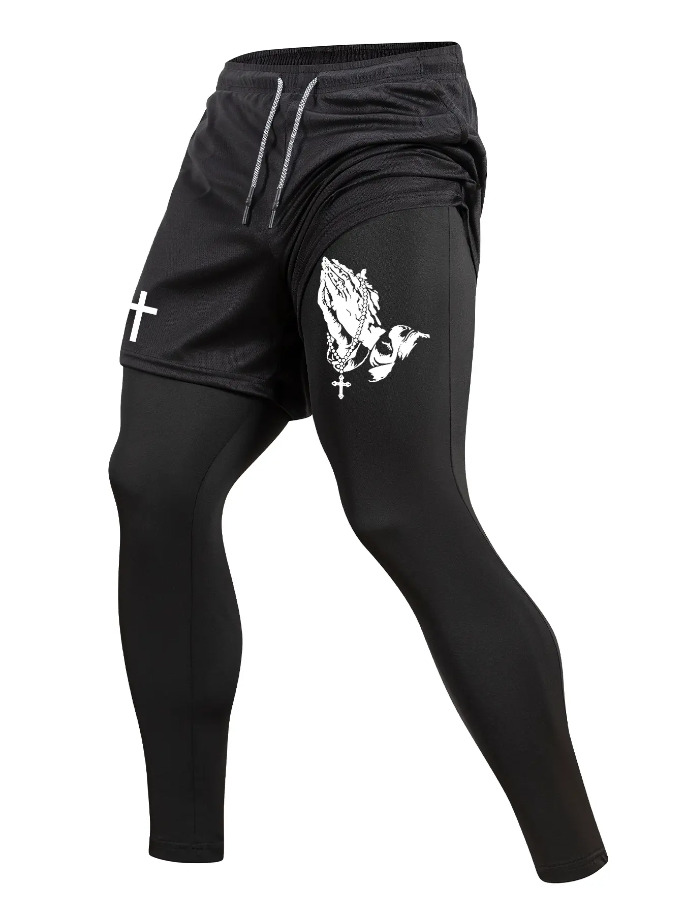Men's Cross Praying Gesture Print 2 in 1 Compression Pants, Sports Bottoms, Activewear For Fitness, Quick Dry Athletic Running Baselayer, Spring & Fall Gym Workout Fitness Leggings with Phone Pocket, Zipper Pocket