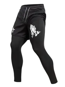Men's Cross Praying Gesture Print Sporty 2 in 1 Compression Pants, Quick Dry Athletic Sports Running Baselayer, Spring & Fall Gym Workout Fitness Tights Leggings with Phone Pocket, Zipper Pocket, Towel Loop, Gym Tights Clothes