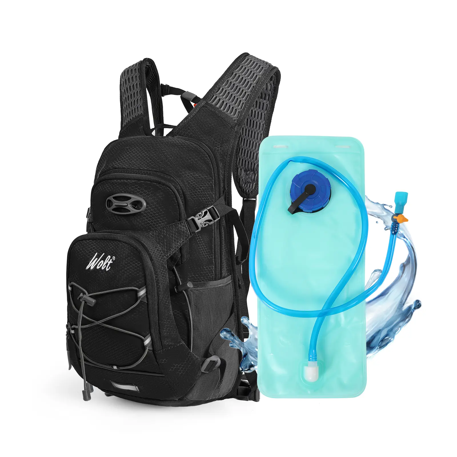 Wolt Hydration Backpack - Nylon/Polyester Ergonomic Water-Resistant Outdoor Sports Pack with 2L Leak-Proof Water Bladder, Reflective Stripes for Hiking/Cycling, Padded Straps, Unisex Adults, 2L Hydration Bladder, Multi-Pockets, Climbing
