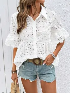 Summer Hollow Out Woven Embroidered Shirt, Women's Elegant Summer Blouse, Fashionable Casual Fitted Top for Beach & Parties, Womenswear
