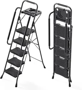 900 lbs Heavy Duty 5 Step Ladder with Tool Tray & Handrail, Folding Steel Safety Ladder for Adults, Wide Pedal Step Stool for Home, Garage, Office & Outdoor