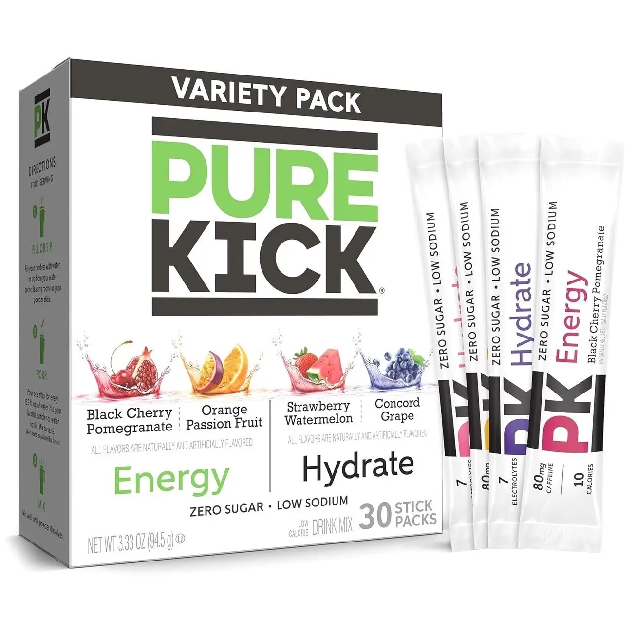 PURE KICK Energy and Hydrate Singles To Go Drink Mix Variety Pack, Black cherry Pomegranate, Orange Passion Fruit, Strawberry watermelon and Concord Grape, 30 Count (Pack - 1)