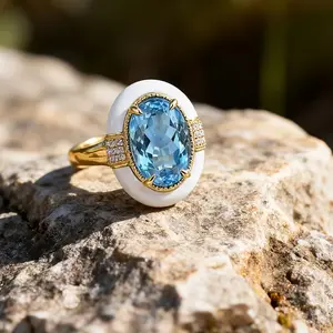 vintage ring, classic cocktail ring ，white enamel ring，Blue synthetic zircon ring，four-prong setting, polished finish, handcrafted detail,aesthetic jewelry, eye-catching design, versatile accessory, detailed craftsmanship, luxury look ring