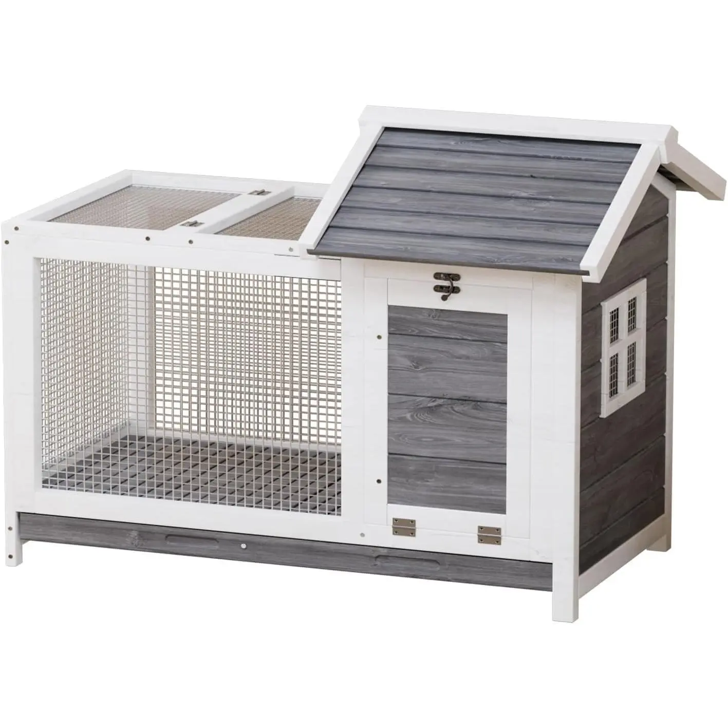 Garvee Wooden Rabbit Hutch Indoor & Outdoor, Rabbit Cage Pet House, Weatherproof Bunny Cage with Metal Frame Ramp, Removable Wire Netting for Rabbit, Guinea Pig, Chick, Coop, Duck, Backyard Small Animals