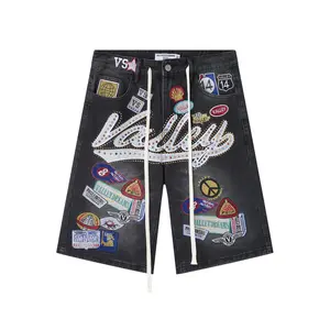 Extra Baggy Retro Faded Rhinestone "Valley" Slogan Patch Embroidered Jorts| 2000s Retro Edgy Grunge Urban Street Style Denim Jorts| For Men & Women Hip Hop Style Bottoms for Men Women Warm Weather Music Festival Edgy Daily Outfit