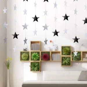 Set of 2 Silver Color Glitter Star Banners for Indoor Decoration, Perfect for Christmas and New Year Parties, Wedding and Birthday Celebrations (400cm/157.48in)
