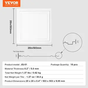 VEVOR Ceiling Tiles, 16-Pack 20x 20 in, Drop Ceiling Tiles Premium Polystyrene Sheet, Easy Installation/ Cutting Plastic Glue-up Ceiling Tile, Basement Ceiling Covering for Home/Office Decoration