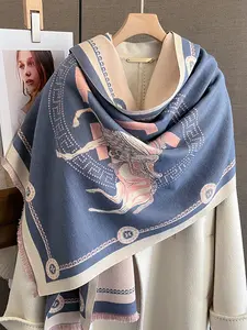 Women's Fashionable Carriage Print Scarf, Fluffy Soft Boho Style Scarf, Autumn & Winter Versatile Short-Fringe Wrap, Neck Warmer Shawl for Outerwear Decoration, Fringe Trim Shawl