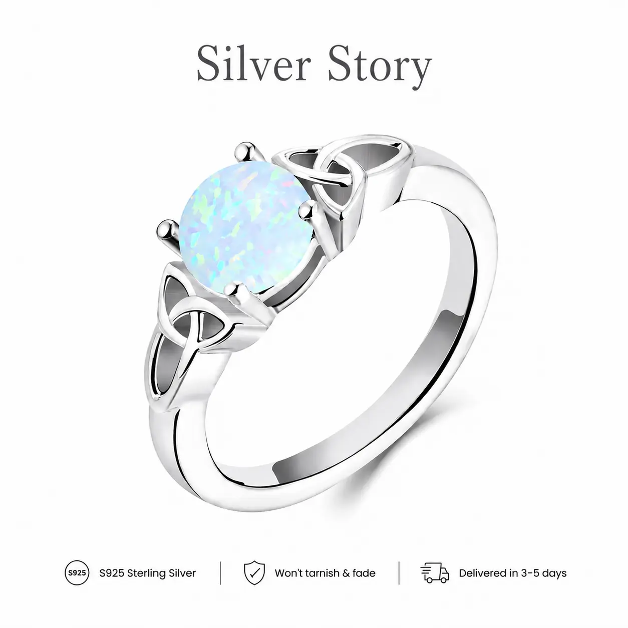 Women's 925 Sterling Silver Celtic Knot Ring with Artificial Moonstone - Fine Daily Elegant Fashion Jewelry, Ideal Gift for Female Anniversary, Birthday