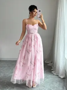 Women's Elegant Chic Floral Contrast Mesh A-Line Elegance Dress, Sleeveless Long Gown for Formal Events, Parties, Dates, Anniversaries, Celebrations Womenswear