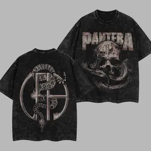 [$$$MANLIFE] Pantera Retro Unisex Acid Washed Hoodie T-Shirt – 90s Records Rock Cotton Washed Tee, Groove Metal Rock Band Washed Shirt, Oversized Vintage Tee, Heavy Metal Merch, Gift for Rock Fans