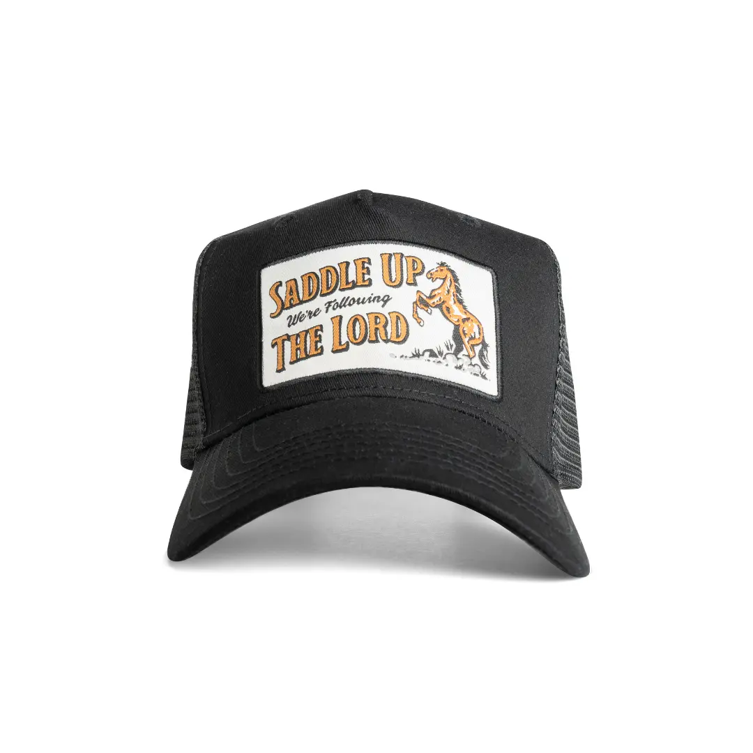 Saddle Up Trucker Black - Rodeo In The Sky Mesh Back 5-Panel Structured Cotton Snapback Trucker Cap