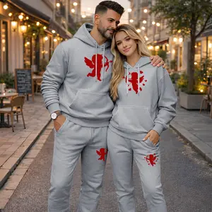 Couple's Cupid Print Hoodie and Sweatpants Set, Casual Sportswear, Long-Sleeve Hooded Jacket and Pants, Suitable for Autumn, Winter, and Spring, Everyday Wear, Tracksuit