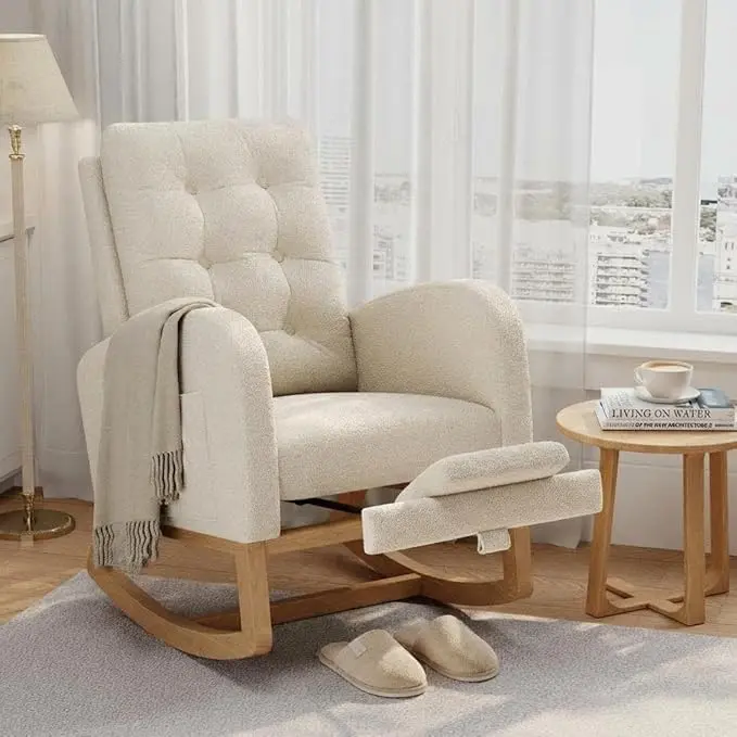 Garvee Modern Upholstered Rocking Chair with Adjustable Footrest, Reclining Comfort, Side Pocket, and Gliding Base for Living Room, Bedroom, or Nursing Room in Beige