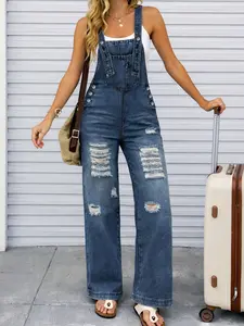 Washed Simple Four-Season Loose Fit Ripped Denim Bib Pants, New Casual Everyday Wear, Comfortable and Stylish, Perfect for Outing and Dates
