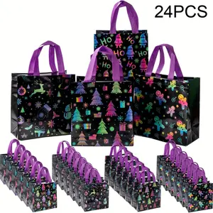 24 holiday Christmas gift bag handles, polyester non-woven handbag, suitable for holiday party gifts, shopping and gift exchange-reindeer, gingerbread man, Christmas tree, holiday gift bag.