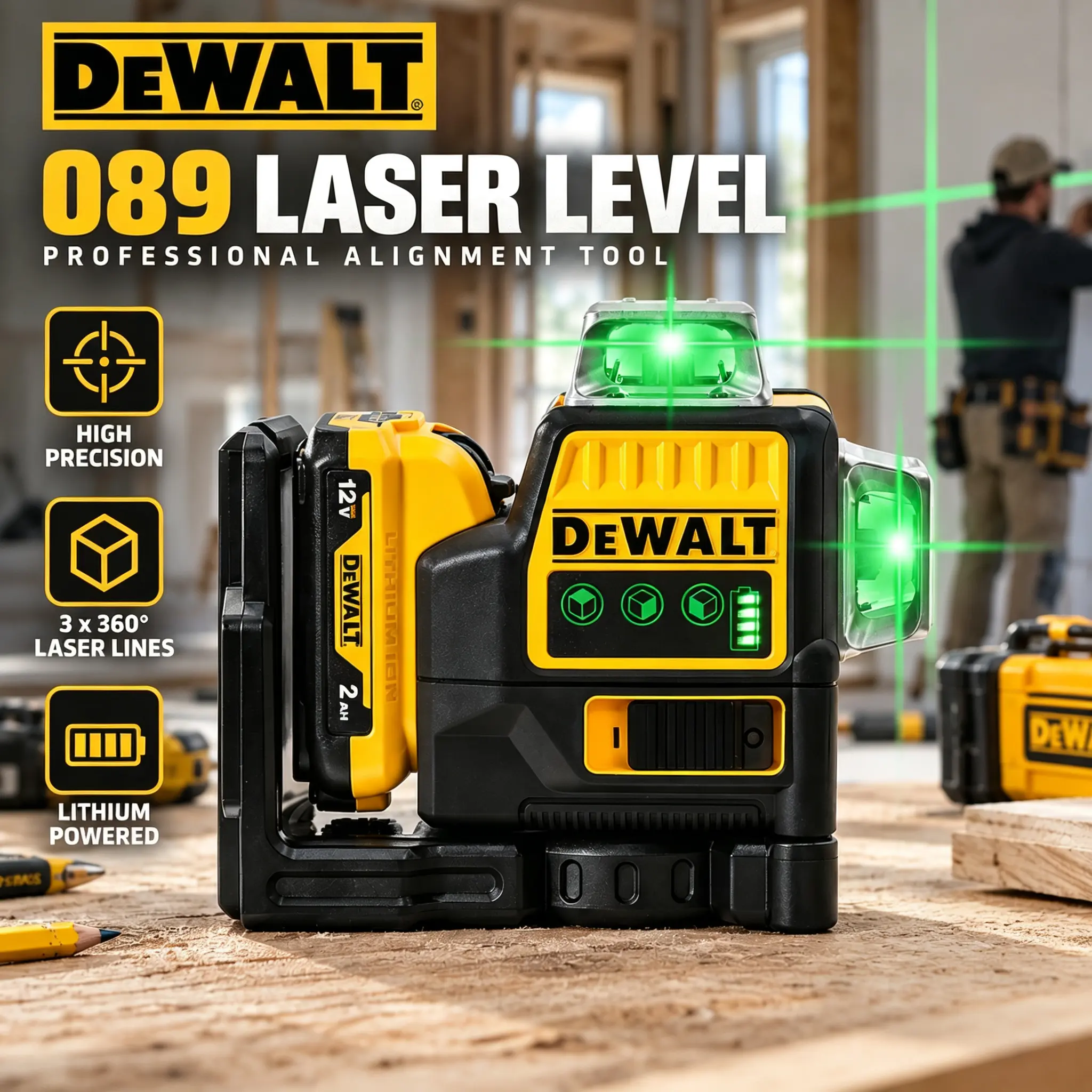 DEWALT 089 Laser Level 12-Line 360° Self Leveling Professional Electronic Laser Leveler Tool with Batteries High Precision 3 x 360° Laser Lines Lithium Powered Lightweight Portabl Green Cross Line Laser
