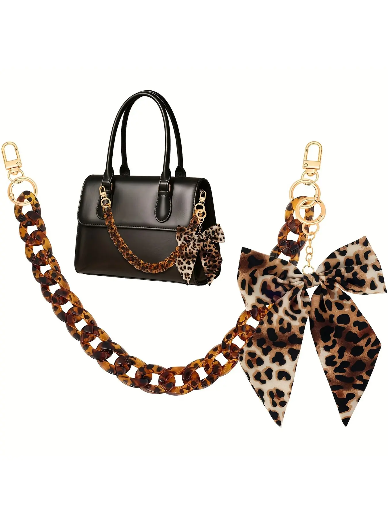 17.5" Leopard Print Purse Fashion Chain Strap with Bow Pendant Keychain, Tortoiseshell Acrylic Bag Chain, Bag Accessories, Handbag Accessory, Detachable Bag Chain Strap for Women's Handbags, Totes, Purses and Wallets