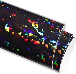 Holographic Vinyl Black Permanent Vinyl Broken Glass Adhesive Vinyl Roll 12” * 6 Feet,Black Craft Vinyl for Home and Car Decorations, Cup, Sign, Windows, Sign Plotters Christmas Wrapping
