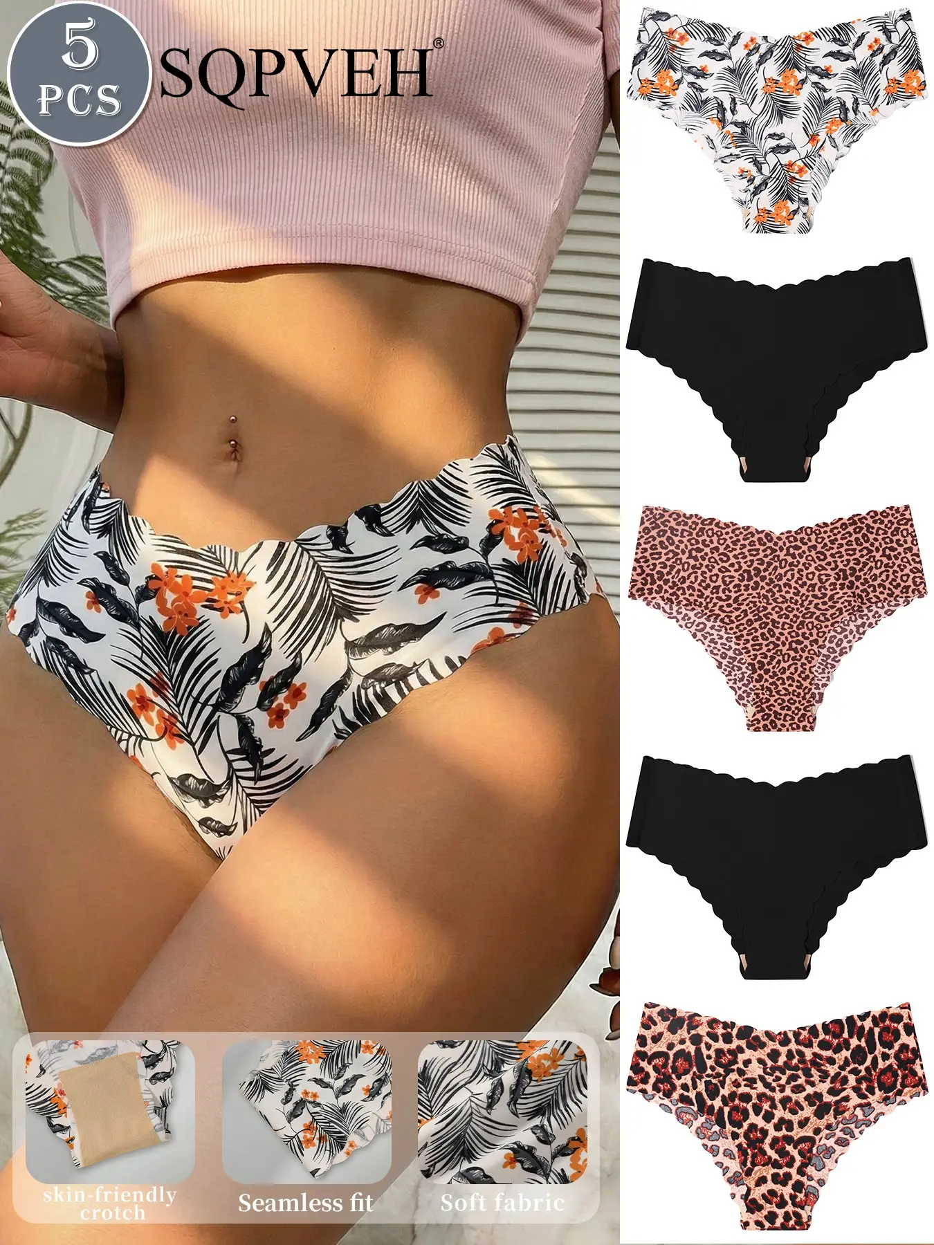 5 Pack Women's Leopard & Leaf Print Seamless Soft Hipster Briefs Underwear Low Rise Panties Soft Comfy Panties