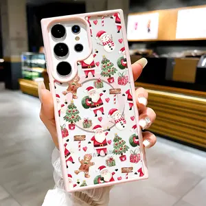 Santa Claus Snowman Pattern Clear Magnetic Phone Case, Compatible with MagSafe Silicone Bumper Protective Cover For Samsung S25 S24 S23 S22 Ultra Plus FE Christmas