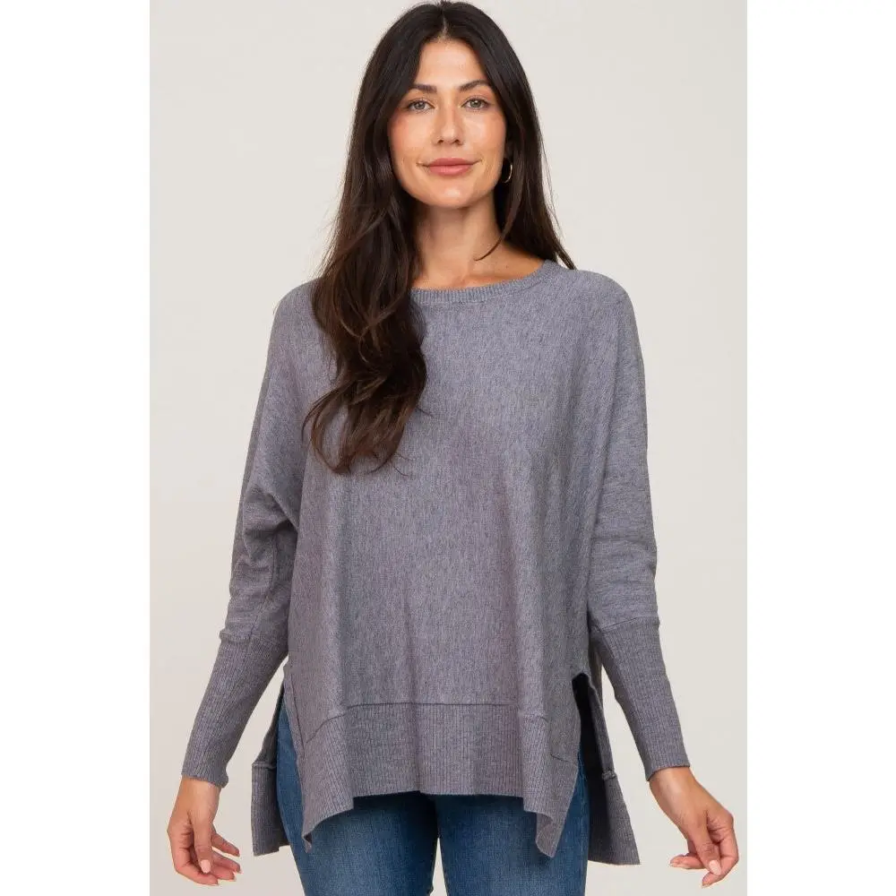Women's Heather Grey Ribbed Lightweight Knit Long Dolman Sleeve Side Slit Sweatshirt, Long Sleeve, Pullover, Minimalist, Lady, Basic, Casual, Longsleeves
