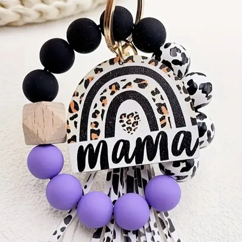 Multipurpose Chic silicone beaded wristlet- Purple Mama Cow pattern keychain
