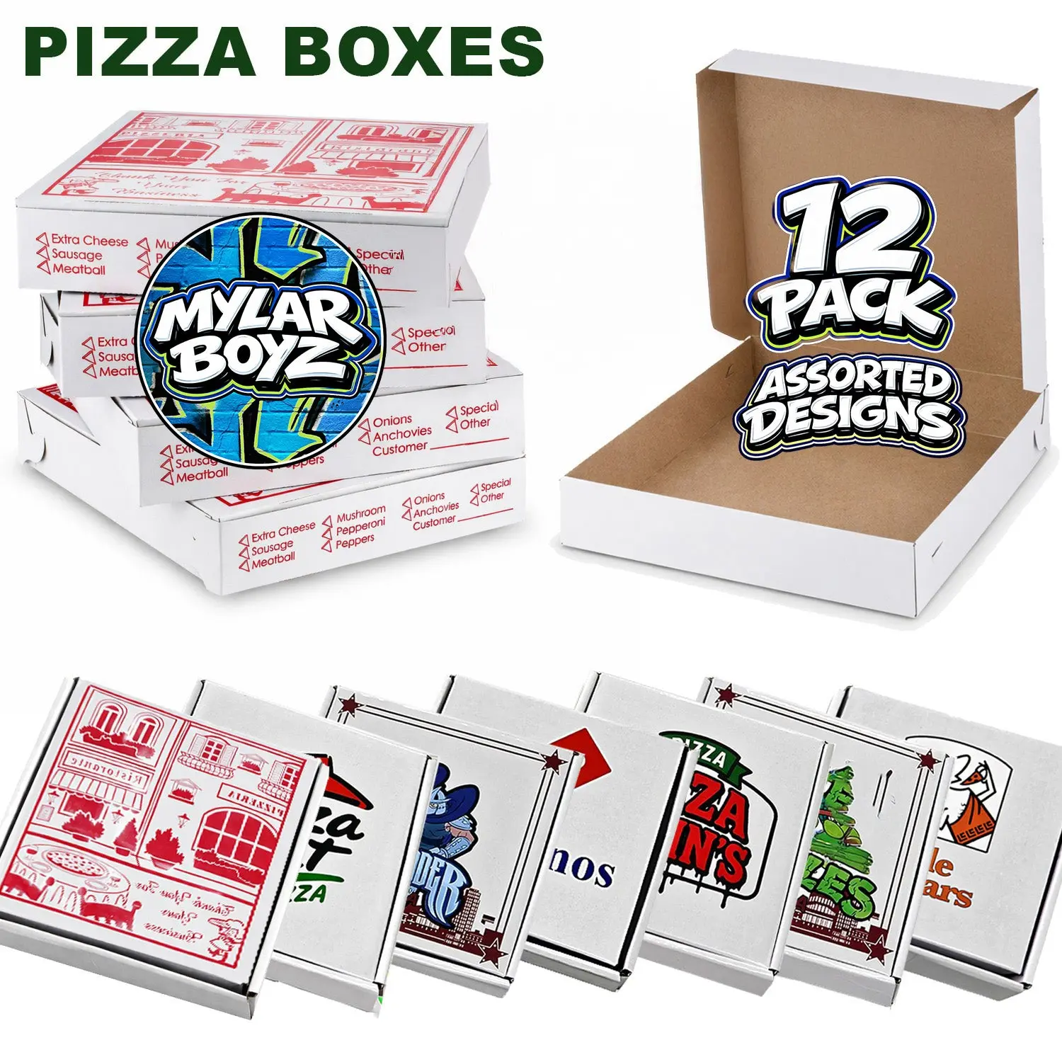 12 Pack Pizza Boxes Set With Matching Bags Assorted Designs