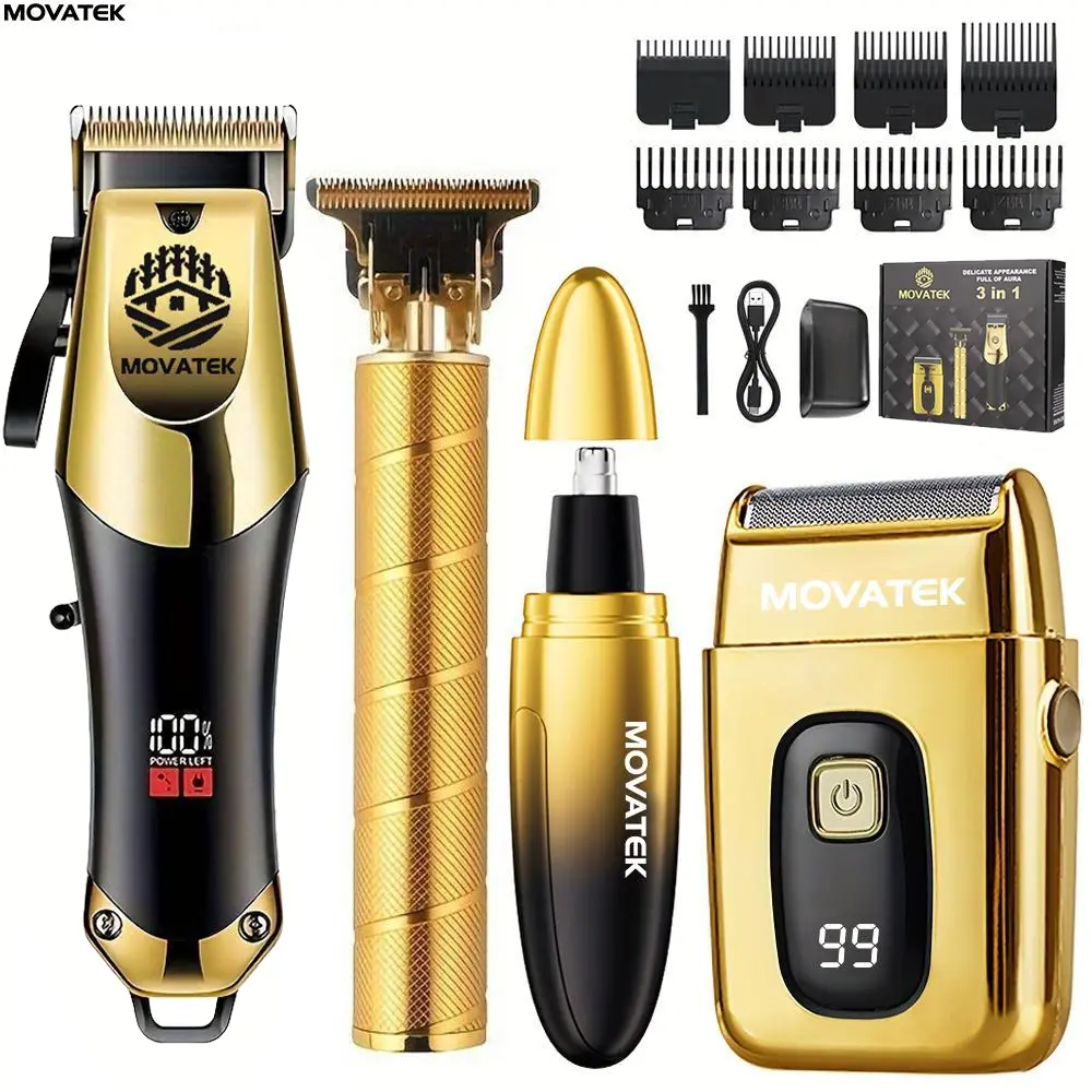 MOVATEK Men's 4/3-Piece Smooth Hair Cutting Kits, Cordless Barber Trimmer Set with Electric Shaver, Nose Hair Trimmer, 0-Gap Barber Equipment, USB Charging, LCD Power Display, Fine Groomer, Beard Styling Tool, Gifts for Him