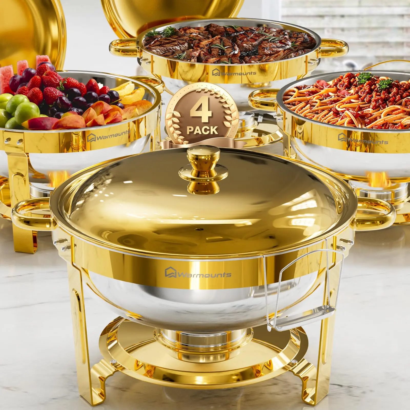 Dealsforyoudays WARMOUNTS Gold Chafing Dishes for Buffet 5QT, Round Stainless Steel Chafer and Warmer Set with Lid Holder, Mirror-polished, Rolled Rim Process (No Finger Cuts), for Catering, Party, Wedding（2/4/6 Pack）